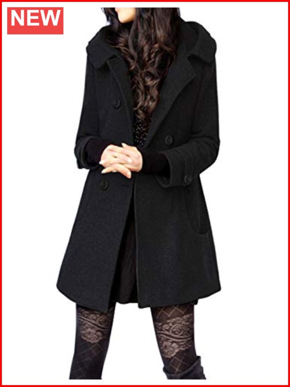 Womens Wool Blend Peacoat Double Breasted Hooded Mid Long Coat